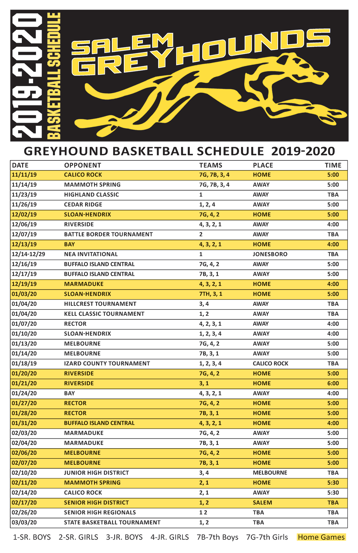 Salem 2019 - 2020 Basketball Schedule