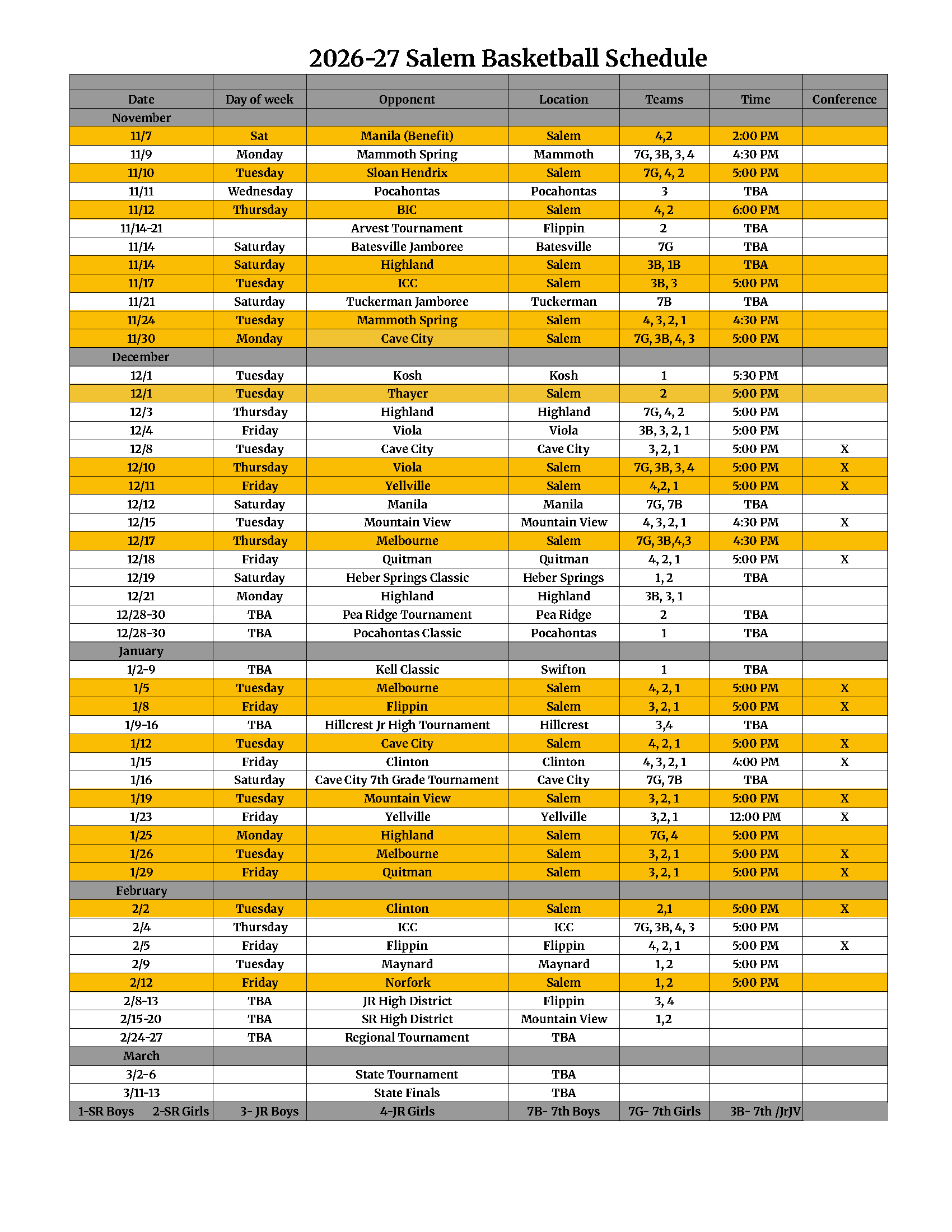 Salem 2026 - 2027 Basketball Schedule